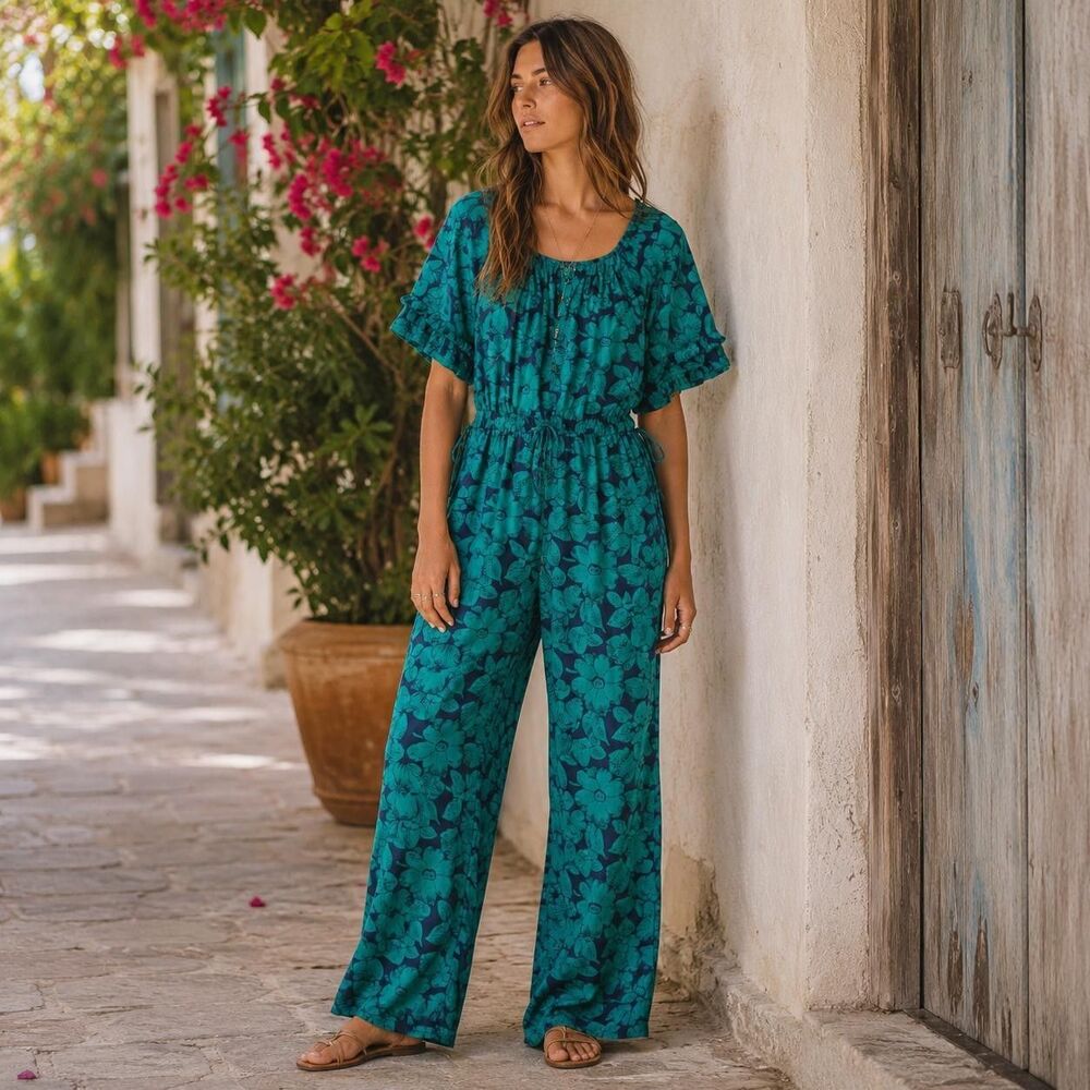 SUNDANCE Women's Jumpsuit Romper SMALL Blue Green 100% Cotton Floral Boho